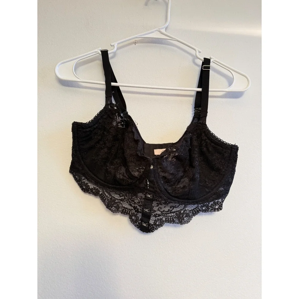 Victorias Secret Black Floral Lace Longline Underwire Bra 36DD